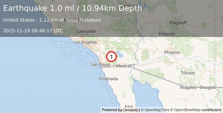 Earthquake 7 km S of Borrego Springs, CA (1.0 ml) (2025-11-19 08:46:17 UTC)