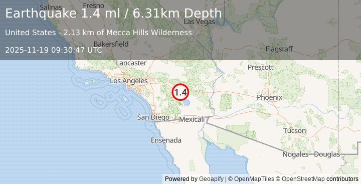 Earthquake 12 km NE of Mecca, CA (1.4 ml) (2025-11-19 09:30:47 UTC)