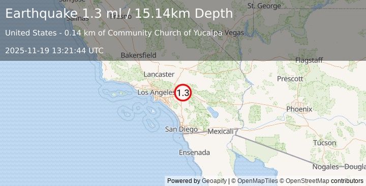 Earthquake 5 km WSW of Yucaipa, CA (1.3 ml) (2025-11-19 13:21:44 UTC)