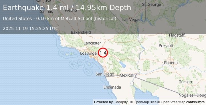 Earthquake 2 km N of Colton, CA (1.4 ml) (2025-11-19 15:25:25 UTC)