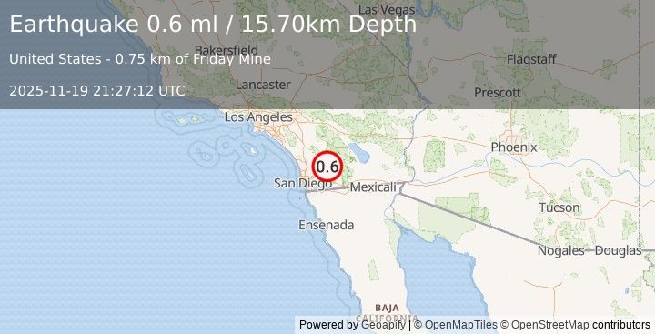 Earthquake 5 km SSE of Julian, CA (0.6 ml) (2025-11-19 21:27:12 UTC)