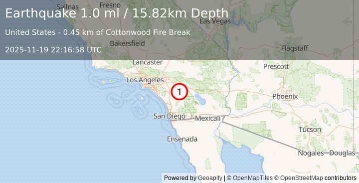 Earthquake 8 km NNW of Anza, CA (1.0 ml) (2025-11-19 22:16:58 UTC)