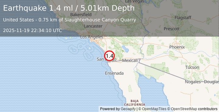 Earthquake 6 km NNW of Lakeside, CA (1.4 ml) (2025-11-19 22:34:10 UTC)