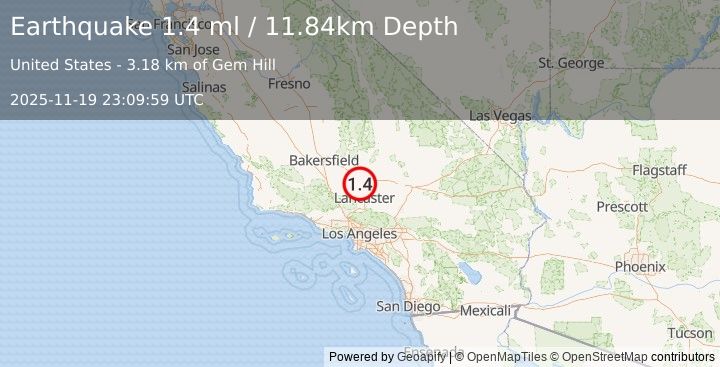 Earthquake 11 km NNW of Rosamond, CA (1.4 ml) (2025-11-19 23:09:59 UTC)