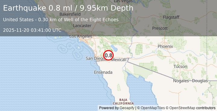 Earthquake 27 km NW of Ocotillo, CA (0.8 ml) (2025-11-20 03:41:00 UTC)