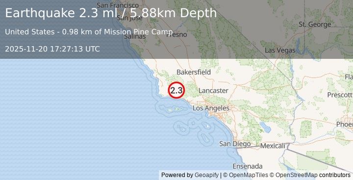 Earthquake 29 km ENE of Santa Ynez, CA (2.3 ml) (2025-11-20 17:27:13 UTC)