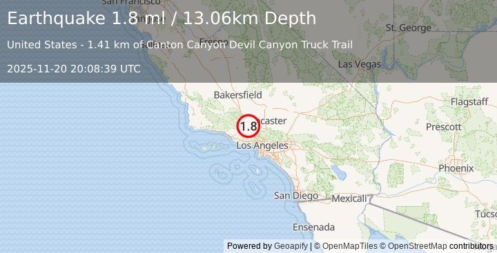 Earthquake 8 km NW of Castaic, CA (1.8 ml) (2025-11-20 20:08:39 UTC)