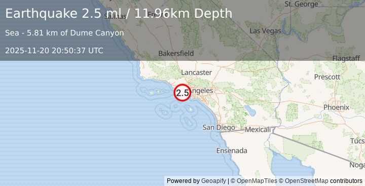 Earthquake 9 km SE of Malibu, CA (2.5 ml) (2025-11-20 20:50:37 UTC)