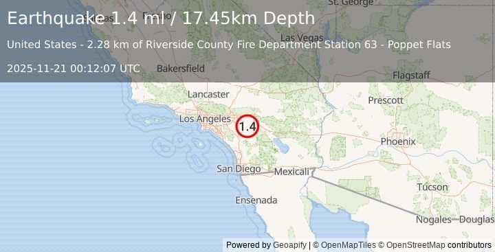 Earthquake 8 km S of Banning, CA (1.4 ml) (2025-11-21 00:12:07 UTC)