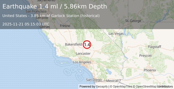 Earthquake 14 km W of Johannesburg, CA (1.4 ml) (2025-11-21 05:15:03 UTC)