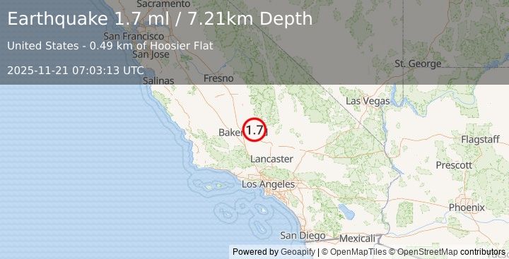 Earthquake 23 km SW of Bodfish, CA (1.7 ml) (2025-11-21 07:03:13 UTC)