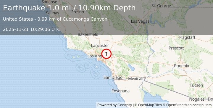 Earthquake 8 km N of Upland, CA (1.0 ml) (2025-11-21 10:29:06 UTC)
