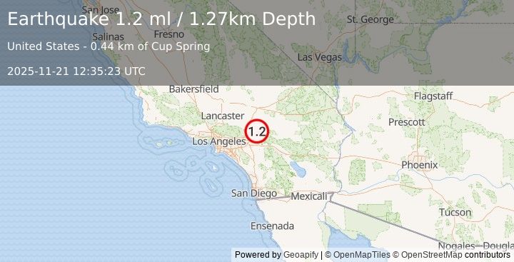 Earthquake 11 km NNE of Running Springs, CA (1.2 ml) (2025-11-21 12:35:23 UTC)