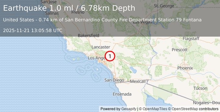 Earthquake 7 km N of Fontana, CA (1.0 ml) (2025-11-21 13:05:58 UTC)