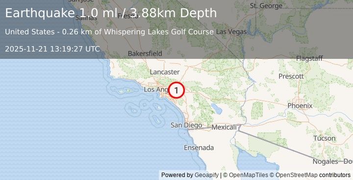 Earthquake 4 km SSE of Ontario, CA (1.0 ml) (2025-11-21 13:19:27 UTC)
