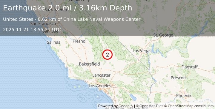 Earthquake 20 km E of Little Lake, CA (2.0 ml) (2025-11-21 13:55:21 UTC)