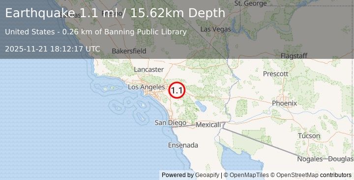 Earthquake 1 km NNE of Banning, CA (1.1 ml) (2025-11-21 18:12:17 UTC)