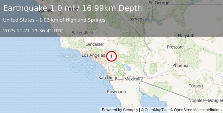 Earthquake 5 km NNE of Beaumont, CA (1.0 ml) (2025-11-21 19:36:41 UTC)