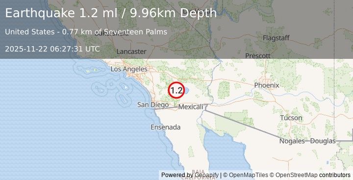 Earthquake 13 km N of Ocotillo Wells, CA (1.2 ml) (2025-11-22 06:27:31 UTC)