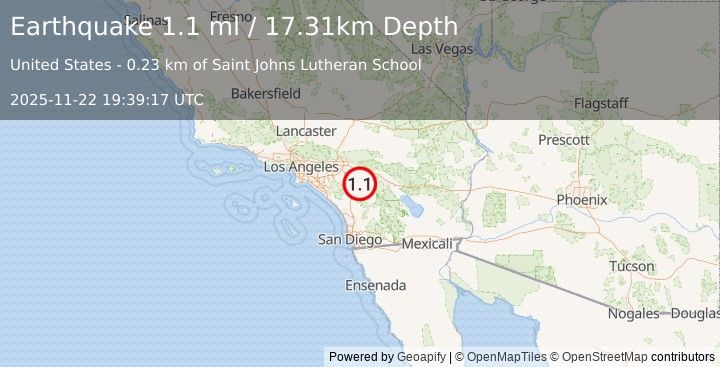 Earthquake 3 km ESE of Hemet, CA (0.9 ml) (2025-11-22 19:39:18 UTC)