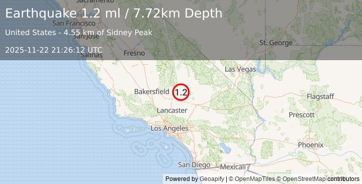 Earthquake 10 km WSW of Johannesburg, CA (1.2 ml) (2025-11-22 21:26:12 UTC)