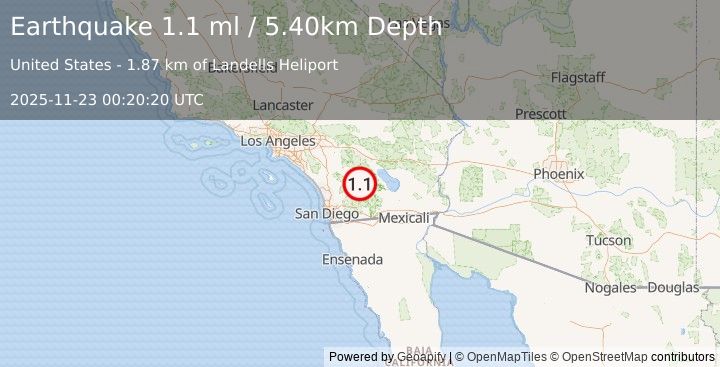 Earthquake 6 km W of Borrego Springs, CA (1.1 ml) (2025-11-23 00:20:20 UTC)