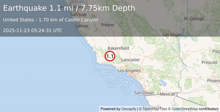 Earthquake 25 km SW of Maricopa, CA (1.1 ml) (2025-11-23 05:24:31 UTC)