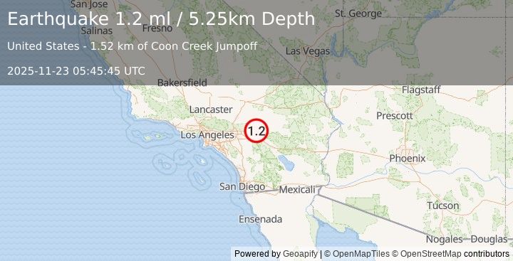 Earthquake 16 km SE of Big Bear City, CA (1.2 ml) (2025-11-23 05:45:45 UTC)