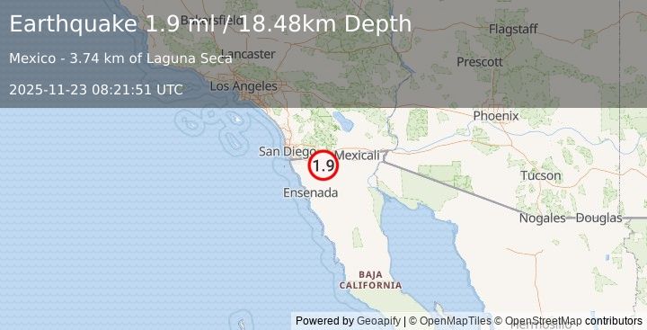 Earthquake 26 km SE of Campo, CA (1.9 ml) (2025-11-23 08:21:51 UTC)