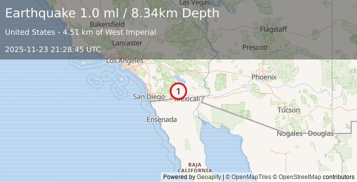 Earthquake 25 km NNE of Ocotillo, CA (1.0 ml) (2025-11-23 21:28:45 UTC)