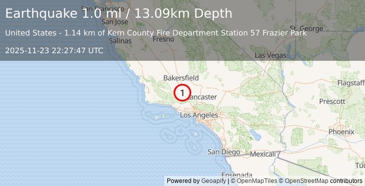 Earthquake 1 km NW of Frazier Park, CA (1.0 ml) (2025-11-23 22:27:47 UTC)