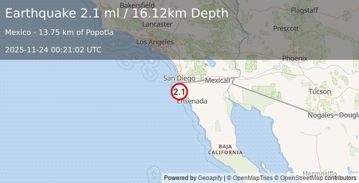 Earthquake 18 km SW of Rosarito, B.C., MX (2.1 ml) (2025-11-24 00:21:02 UTC)