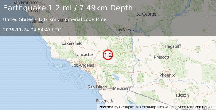 Earthquake 22 km WSW of Ludlow, CA (1.2 ml) (2025-11-24 04:54:47 UTC)