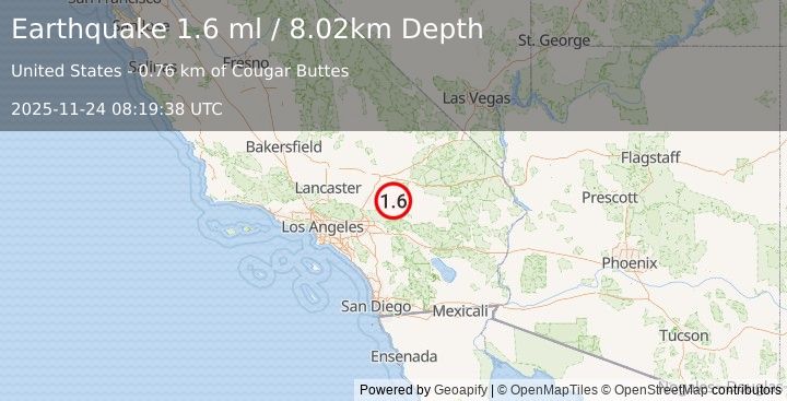 Earthquake 15 km ENE of Lucerne Valley, CA (1.6 ml) (2025-11-24 08:19:38 UTC)