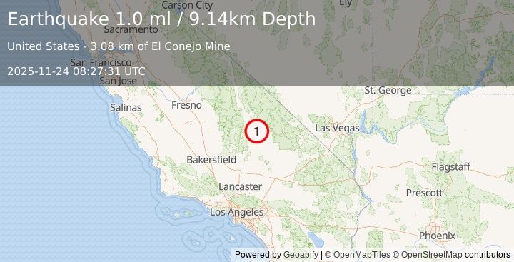 Earthquake 30 km E of Coso Junction, CA (1.0 ml) (2025-11-24 08:27:31 UTC)
