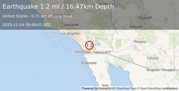 Earthquake 10 km NNE of Julian, CA (1.2 ml) (2025-11-24 09:49:01 UTC)