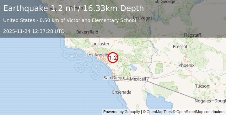 Earthquake 4 km SSE of Moreno Valley, CA (1.2 ml) (2025-11-24 12:37:28 UTC)