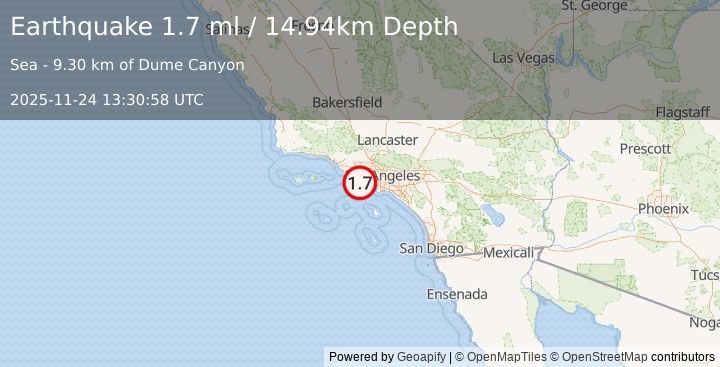 Earthquake 13 km SSE of Malibu, CA (1.7 ml) (2025-11-24 13:30:58 UTC)