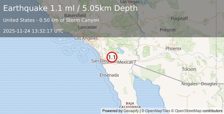 Earthquake 17 km NE of Pine Valley, CA (1.1 ml) (2025-11-24 13:32:17 UTC)