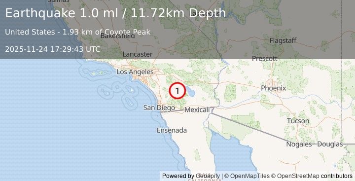 Earthquake 11 km NNE of Borrego Springs, CA (1.0 ml) (2025-11-24 17:29:43 UTC)