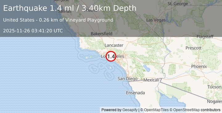 Earthquake 3 km NE of Baldwin Hills, CA (1.1 ml) (2025-11-26 03:41:19 UTC)