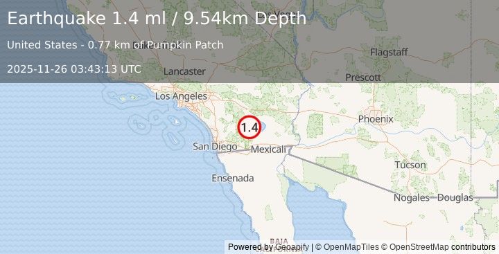 Earthquake 11 km NNE of Ocotillo Wells, CA (1.1 ml) (2025-11-26 03:43:12 UTC)