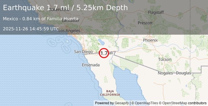 Earthquake 5 km NNW of Progreso, B.C., MX (1.7 ml) (2025-11-26 14:45:59 UTC)