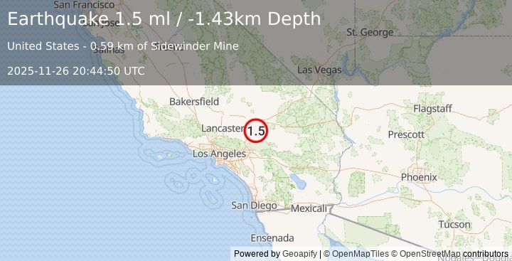 Earthquake 17 km NNE of Apple Valley, CA (1.5 ml) (2025-11-26 20:44:50 UTC)
