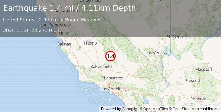 Earthquake 26 km NNE of Kernville, CA (1.4 ml) (2025-11-26 22:27:50 UTC)