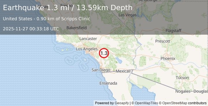 Earthquake 3 km E of San Jacinto, CA (1.3 ml) (2025-11-27 00:33:18 UTC)