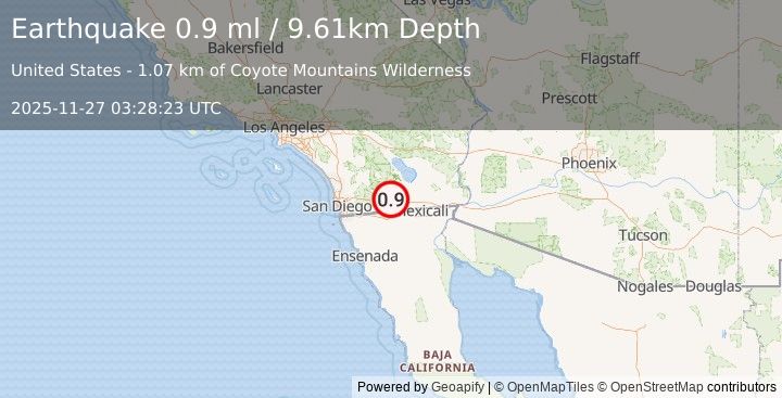 Earthquake 13 km NW of Ocotillo, CA (0.9 ml) (2025-11-27 03:28:23 UTC)