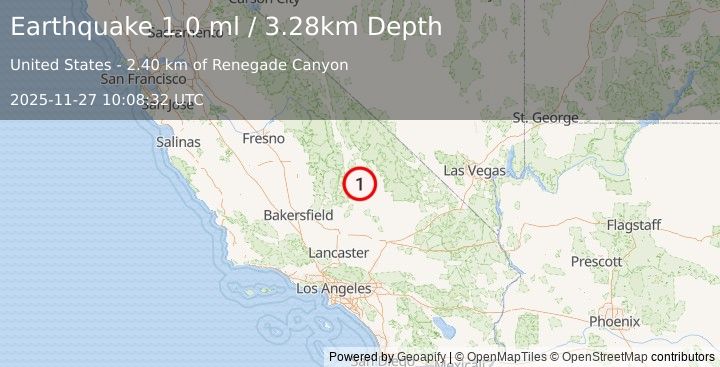 Earthquake 22 km E of Little Lake, CA (1.0 ml) (2025-11-27 10:08:32 UTC)