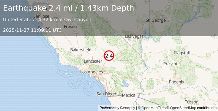 Earthquake 15 km NNE of Barstow, CA (2.4 ml) (2025-11-27 11:09:11 UTC)