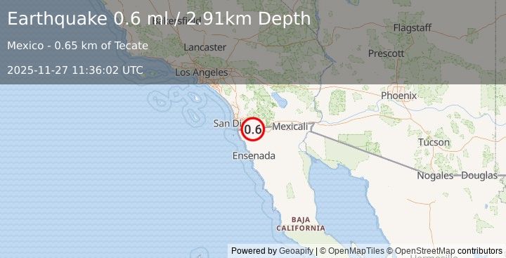 Earthquake 0 km SE of Tecate, B.C., MX (0.6 ml) (2025-11-27 11:36:02 UTC)